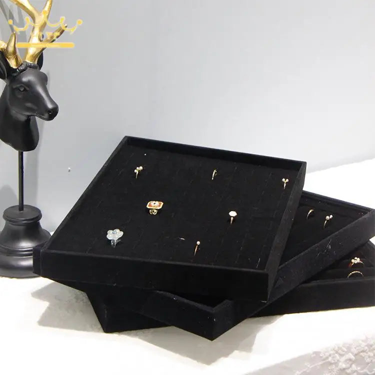 Black Velvet Ring Necklace Display Tray Earring Jade Pendant Storage Plate Large Size Rings Jewelry Organizer Box 35*24Cm