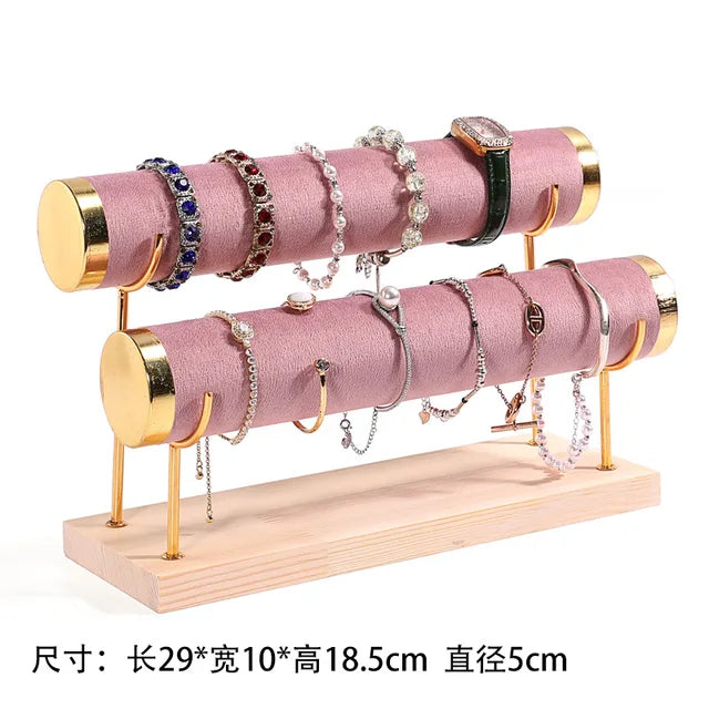 Solid Wood Pink Velvet Jewelry Exhibitor Stand Ring Earrings Storage Stand Bracelet Watch Display Stand