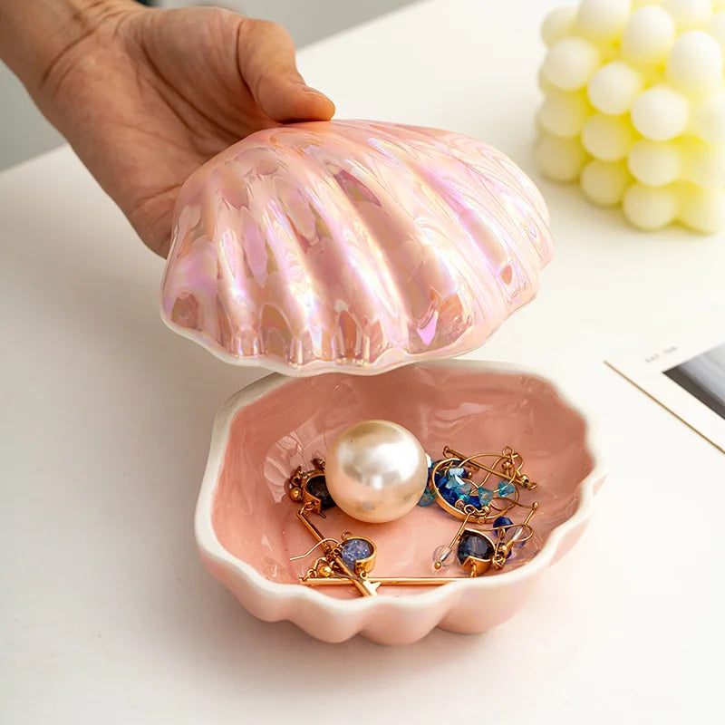 Pink Ceramic Shell Shaped Jewelry Storage Box Pearl Glaze Earring Necklace Holder Ladies' Dressing Table Hairpin Lipstick Box