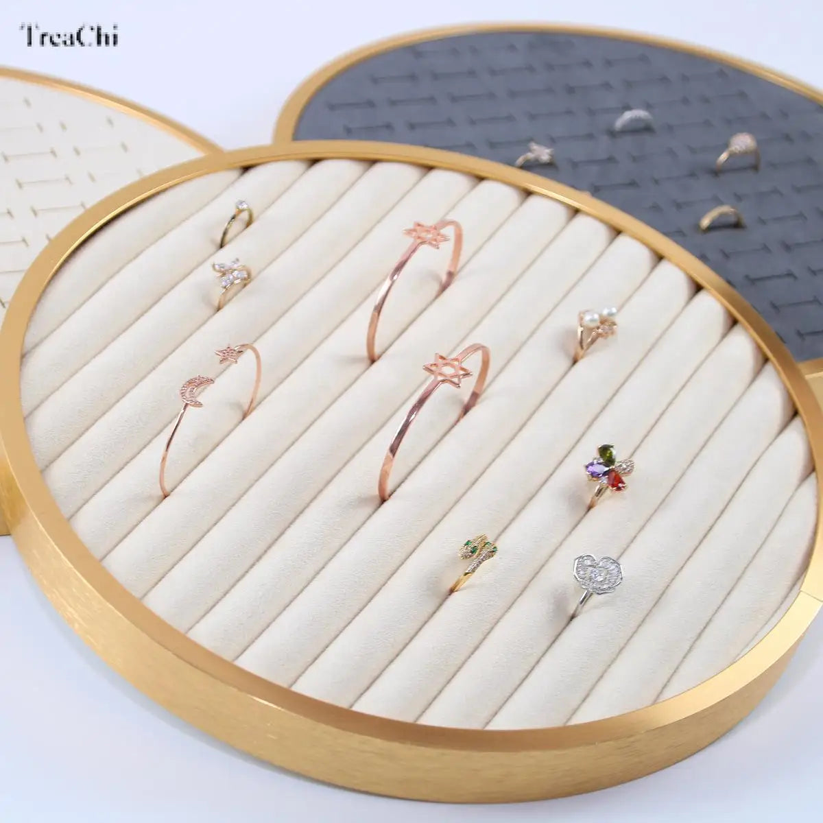 High End Metal Framed Jewelry Plate Rectangular Ring Earring Tray Circular Thin Bracelet Jewelry Display Storage Board Counter