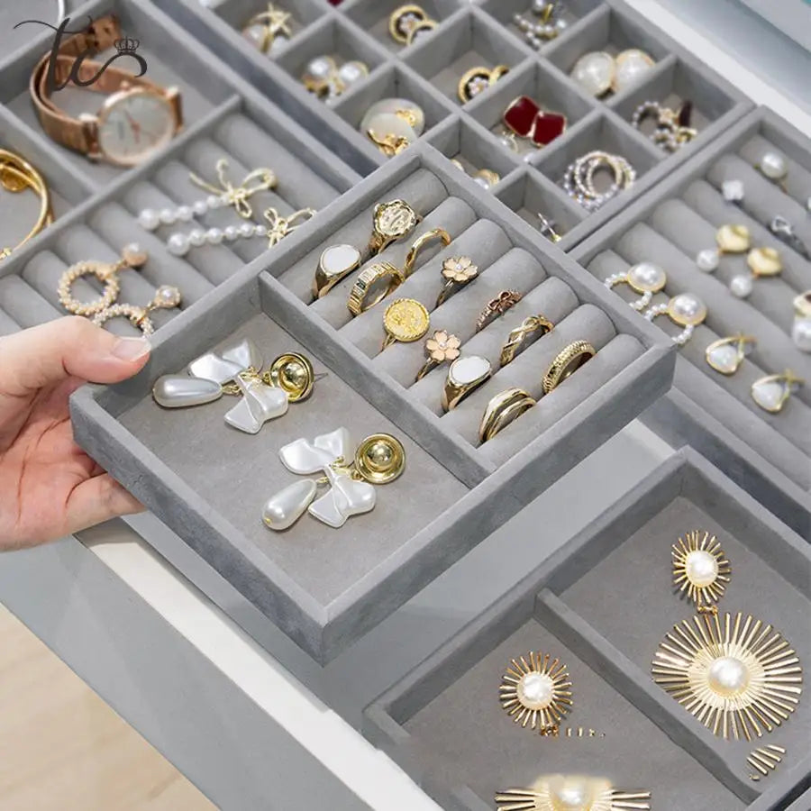 Flocking Jewelry Display Tray Ring Earrings Necklace Pendant Bracelet Brooch Watch Hair Card Home Storage Tray