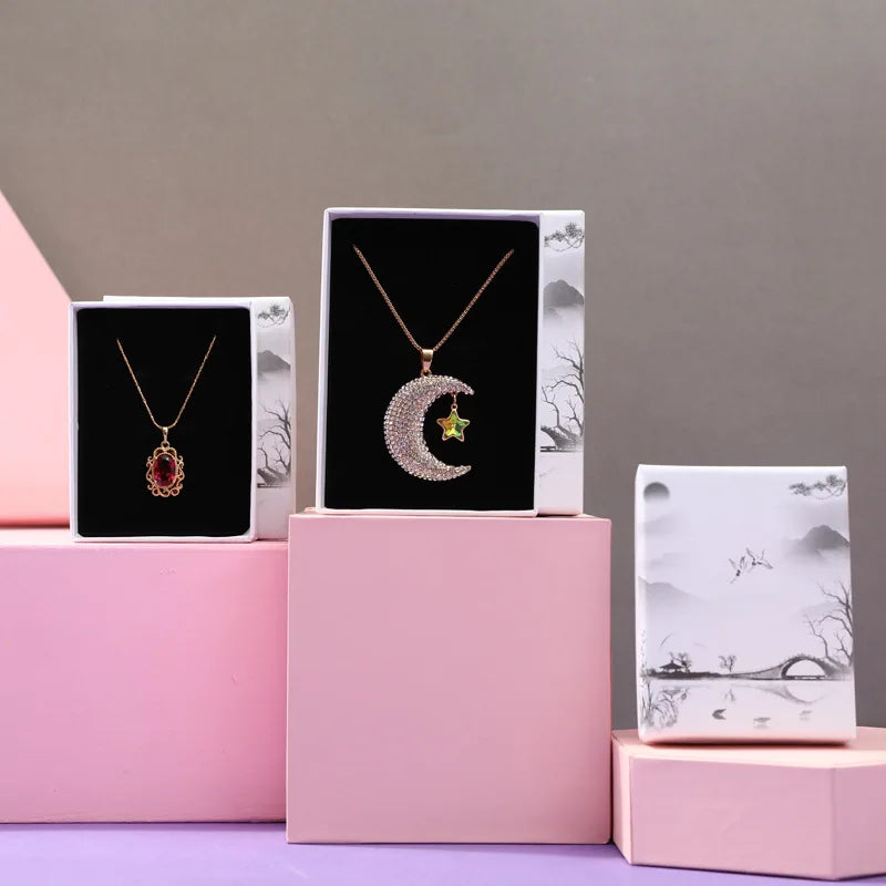 Retro Box for Cardboard Jewelry Earring Bracelet Holder Organizer Landscape Pattern Paper Box Ring Necklace Packaging Case 10Pcs