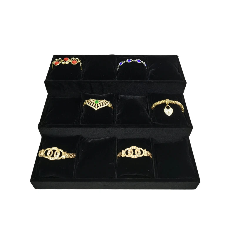 3-Layer Ladder Watch Display Tray with Pillows 12 Girds Bracelet Holder Pretty Rose Red Jewelry Trays Jade Bracelet Organizer