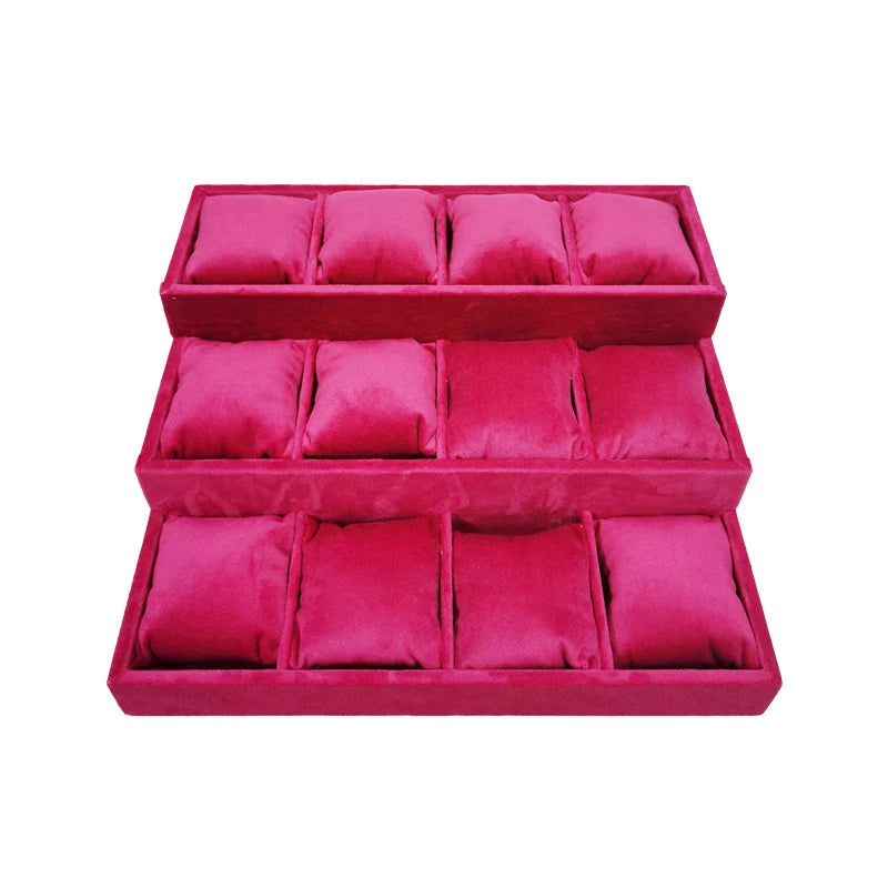 3-Layer Ladder Watch Display Tray with Pillows 12 Girds Bracelet Holder Pretty Rose Red Jewelry Trays Jade Bracelet Organizer