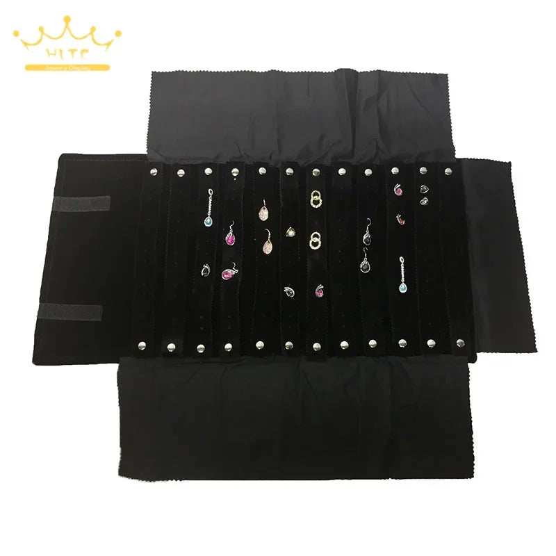 High-Capacity Earring Storage Roll Bag Black Velvet Jewelry Display Storage Bag 60 Pairs Stud Earrings Roll Organizer Cases