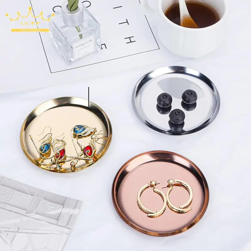 Stainless Steel Round Jewelry Display Tray Desktop Cosmetics Storage Tray Jewelry Photo Prop Tray