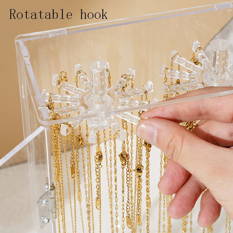 Acrylic Necklace Storage Box with Rotating Hook Bracelet Jewelry Display Rack Personal Ring Hairpin Jewelry Dustproof Box