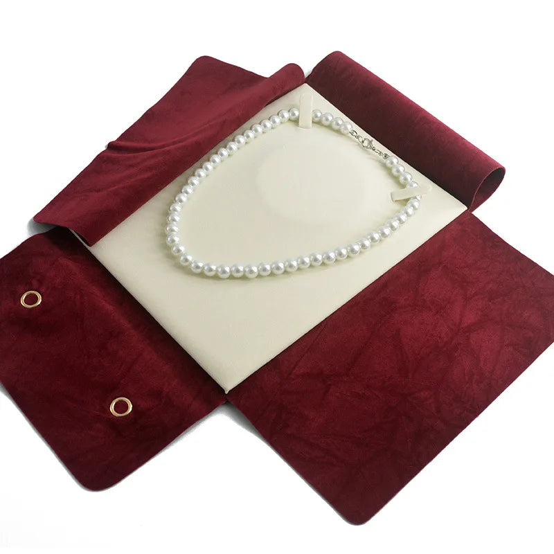 Pearl Necklace Storage Bag Holder Wine Red Double-Sided Textured Fabric Pouch Exhibiting Travel Jewelry Collection Display Bag
