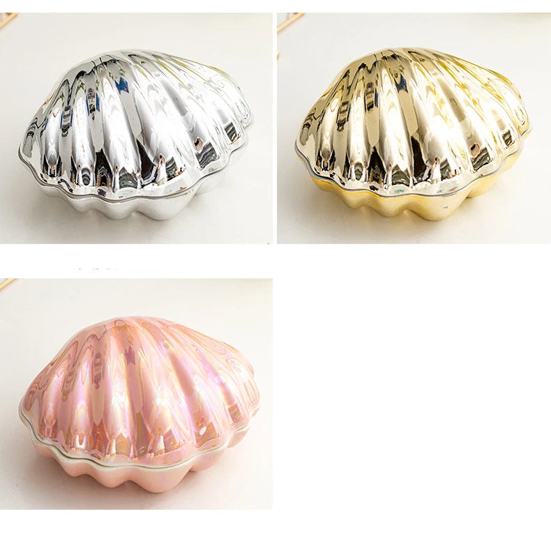 Pink Ceramic Shell Shaped Jewelry Storage Box Pearl Glaze Earring Necklace Holder Ladies' Dressing Table Hairpin Lipstick Box