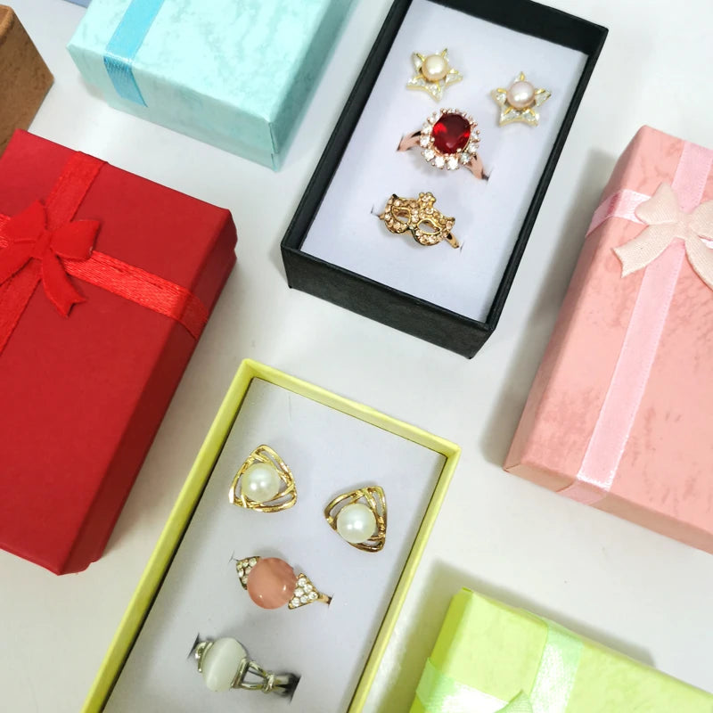 Paper Boxes Wholesale 4*4Cm and 5*8Cm Jewelry Packaging Case with Bow Ring Earring Necklace Storage Holder 24Pcs or 48Pcs