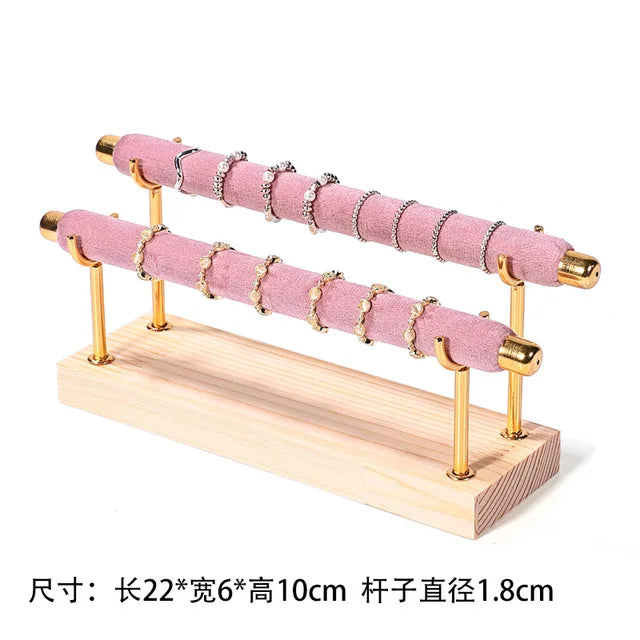 Solid Wood Pink Velvet Jewelry Exhibitor Stand Ring Earrings Storage Stand Bracelet Watch Display Stand