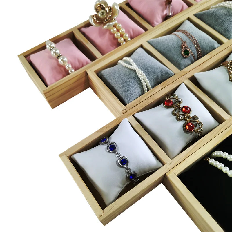4-Grid Watch Bracelet Display Tray with Small Pillows Wooden Jewelry Storage Trays Organizer Watch Bangle Holder