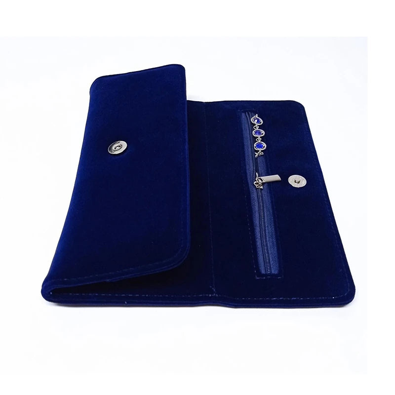 Dark Blue Velvet Jewelry Storage Roll Bag Ring Earring Holder for Jewelry Exhibitors Luxury Clutch Pouch with Snap Button