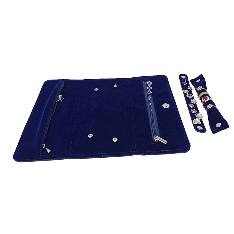 Dark Blue Velvet Jewelry Storage Roll Bag Ring Earring Holder for Jewelry Exhibitors Luxury Clutch Pouch with Snap Button