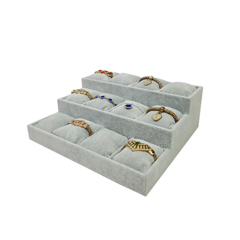3-Layer Ladder Watch Display Tray with Pillows 12 Girds Bracelet Holder Pretty Rose Red Jewelry Trays Jade Bracelet Organizer