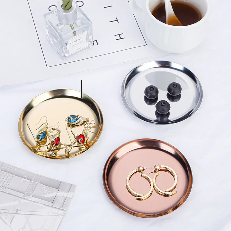 Stainless Steel Round Jewelry Display Tray Desktop Cosmetics Storage Tray Jewelry Photo Prop Tray
