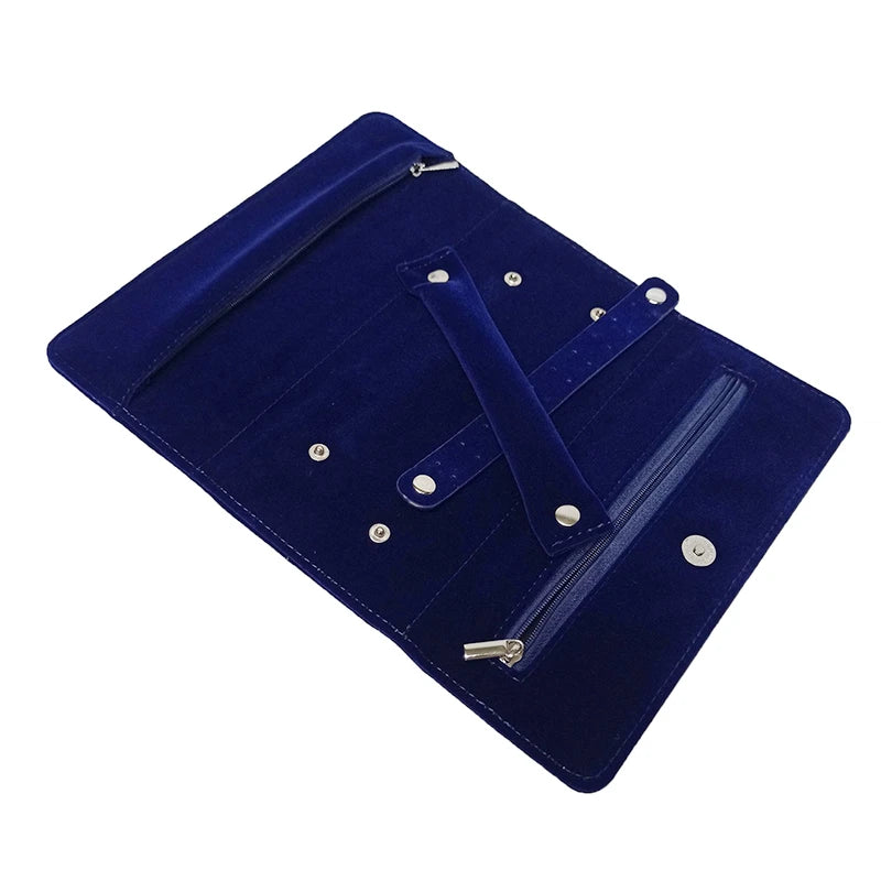 Dark Blue Velvet Jewelry Storage Roll Bag Ring Earring Holder for Jewelry Exhibitors Luxury Clutch Pouch with Snap Button