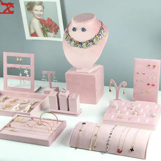 Jewelry Organizer Earring Necklace Display Stand Quality Pink Velvet Ring Tray Pendant Storage Plate Watch Bracelet Holder