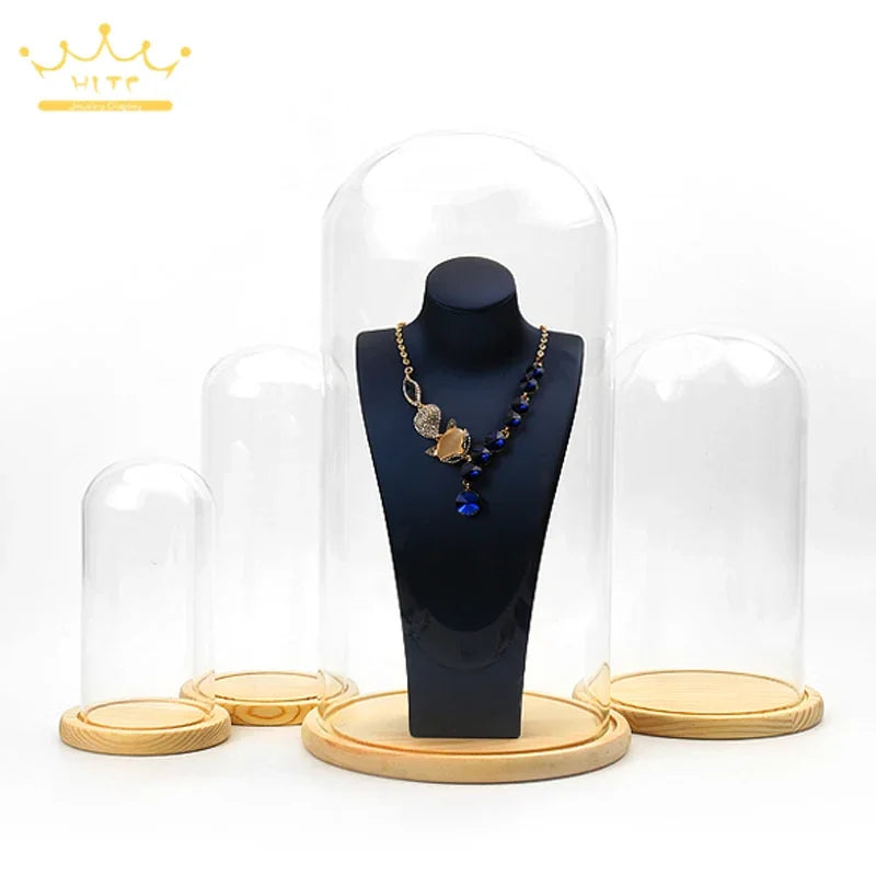 Jewelry Prop Window Display Rack Decoration Transparent Dust-proof plastic Cover Solid Wood Base Jewelry Shop Dedicated