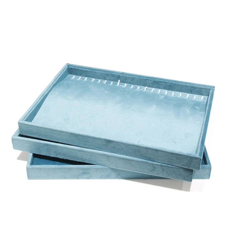 Light Blue Velvet Rings Bracelet Necklace Holder Earrings Pendant Storage Tray Jewelry Organizer Case 35*24Cm