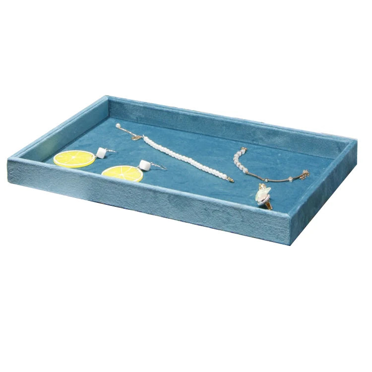 Light Blue Velvet Rings Bracelet Necklace Holder Earrings Pendant Storage Tray Jewelry Organizer Case 35*24Cm