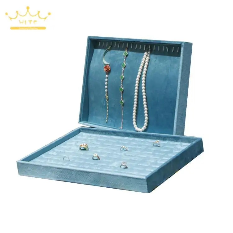 Light Blue Velvet Rings Bracelet Necklace Holder Earrings Pendant Storage Tray Jewelry Organizer Case 35*24Cm