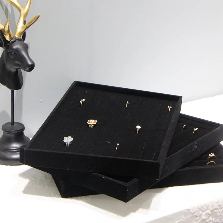 Black Velvet Ring Necklace Display Tray Earring Jade Pendant Storage Plate Large Size Rings Jewelry Organizer Box 35*24Cm