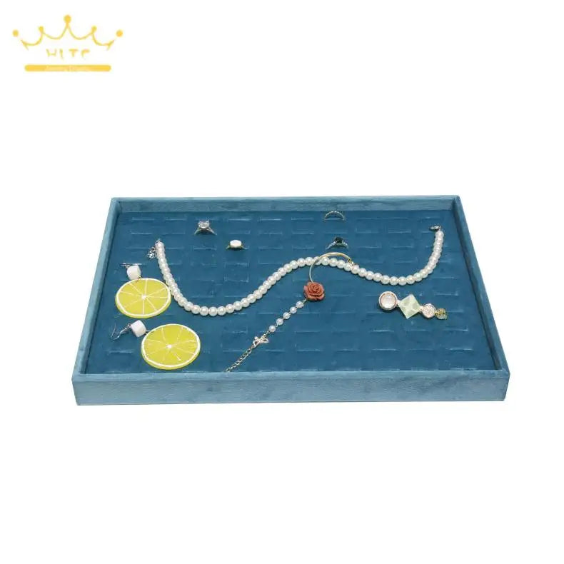 Light Blue Velvet Rings Bracelet Necklace Holder Earrings Pendant Storage Tray Jewelry Organizer Case 35*24Cm