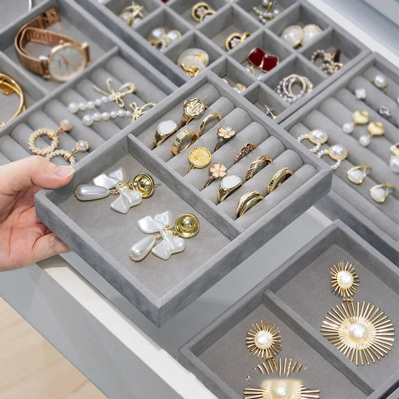 Dressing Table Drawer Storage Tray Hair Clip Lipstick Jewelry Collection Plate Gray Fabric Necklace Pendant Rings Holder