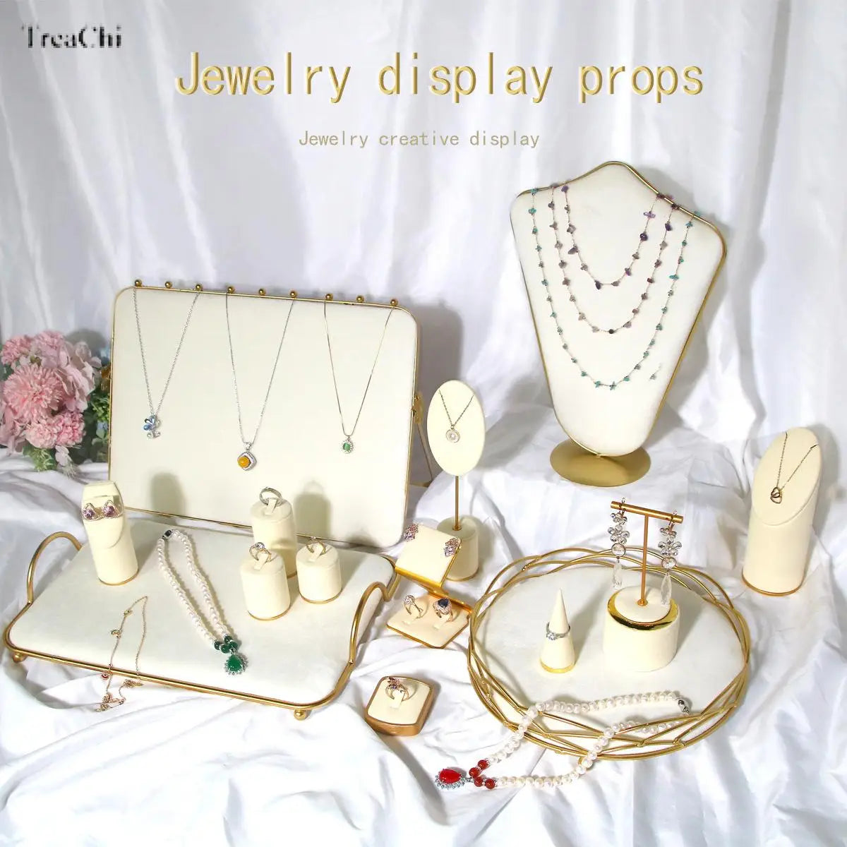 Creative Combination with Jewelry Rack Metal Beige Suede Jewelry Ring Necklace Bracelet Pendant Window Shooting Props