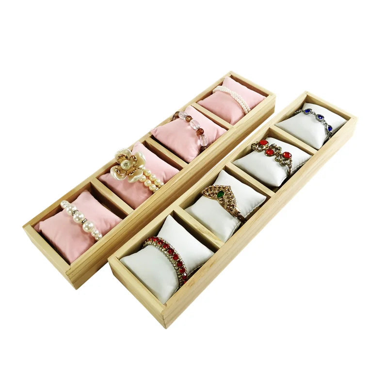 4-Grid Watch Bracelet Display Tray with Small Pillows Wooden Jewelry Storage Trays Organizer Watch Bangle Holder