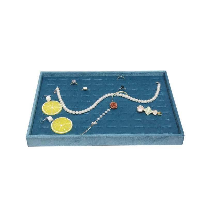 Light Blue Velvet Rings Bracelet Necklace Holder Earrings Pendant Storage Tray Jewelry Organizer Case 35*24Cm