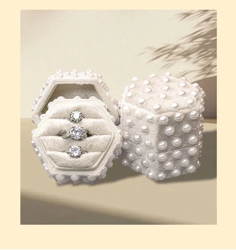 High End Velvet Jewelry Box with Pearl Hexagonal Ring Box Jewelry Packaging Propose Wedding Double Ring Box