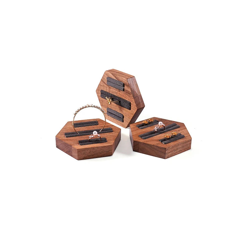 Walnut Hexagonal Ring Display Rack Jewelry Counter Earrings Display Tray Versatile Ring Bangle Organizer Jewelry Tray