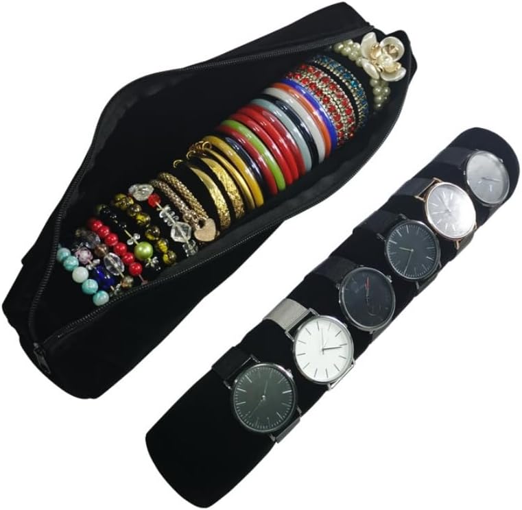 Bracelet Bangle Watch Roll Travel Pouch Jewelry Organizer, Black Gray Velvet Portable Zipper Pouch with Removable Roll Insert for Standard Size 12.5" W x 2.8" Diameter