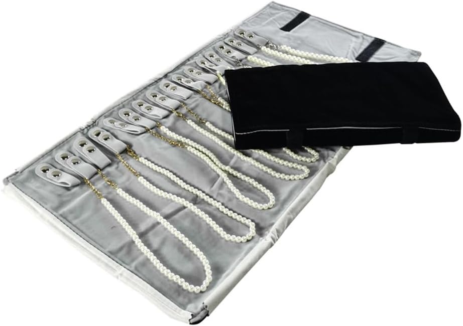 Portable Jewelry Roll Necklace Travel Storage Displays Holder 16 Chain Grey Black
