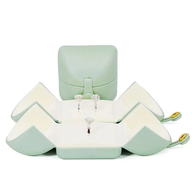 Tender Green Reticulated Pu Leather Double Open Jewelry Storage Box Proposal Ring Box Pearl Necklace Collection Box
