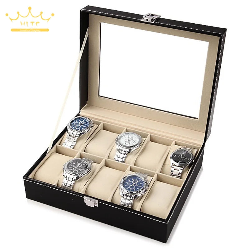 Watch Storage Box Black Leather with Glass Organizer Box for Save 10 Wrist Watches Box Jewelry Display