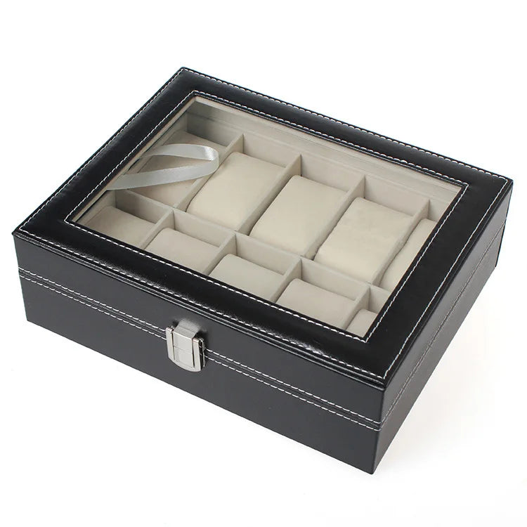 Watch Storage Box Black Leather with Glass Organizer Box for Save 10 Wrist Watches Box Jewelry Display