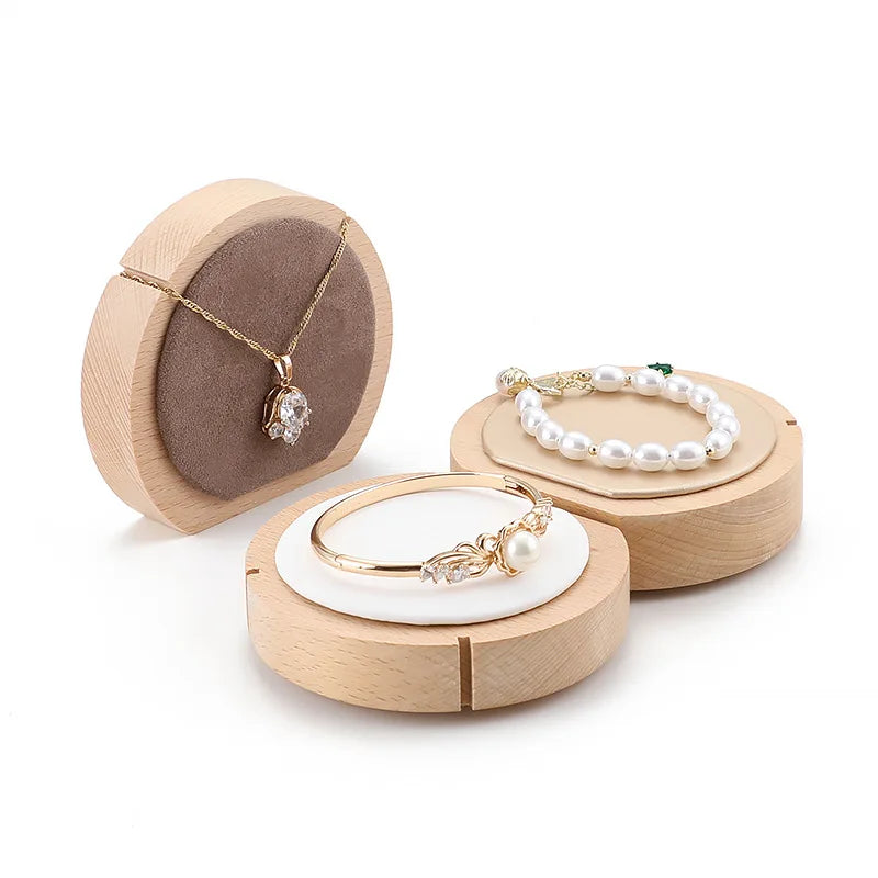Round Delicate Wooden Pu Leather Display Stand Fashion Necklace Pendant Jewelry Organizer Holder