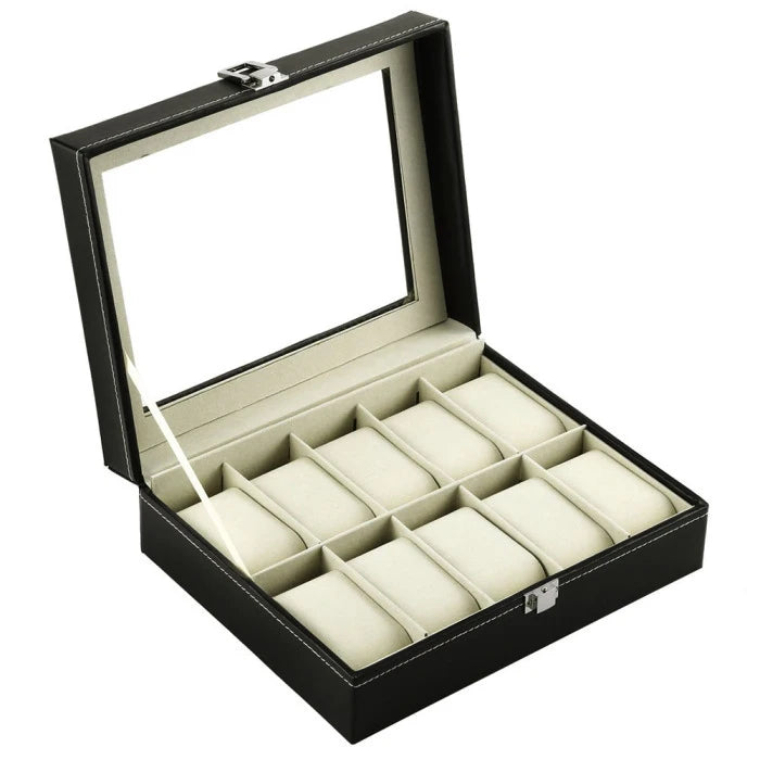 Watch Storage Box Black Leather with Glass Organizer Box for Save 10 Wrist Watches Box Jewelry Display