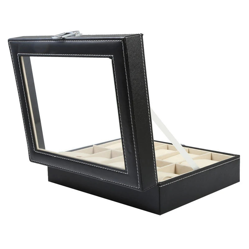 Watch Storage Box Black Leather with Glass Organizer Box for Save 10 Wrist Watches Box Jewelry Display