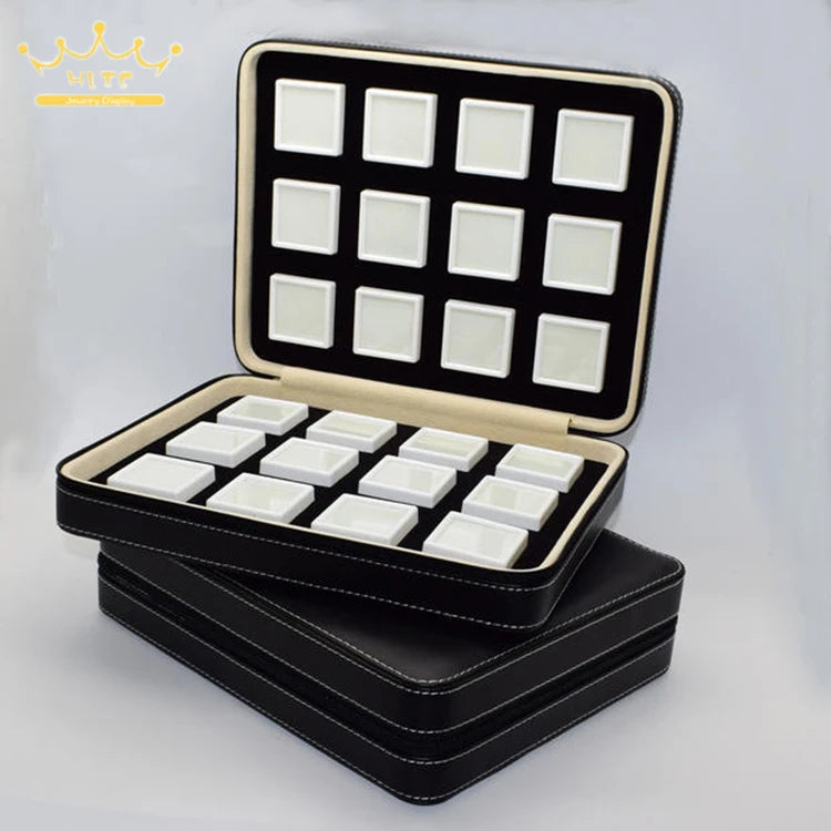 PU Leather Gem Box Insert Storage Display Portable Gemstone Travel Zip Bag Diamond Showing Box Business Jewelry Packaging