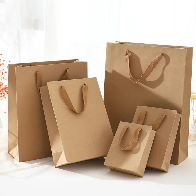 1Pcs Christmas New Year Party Wedding Birthday Packing Bag Khaki Kraft Paper Handles Bag Jewelry Store Festival Gift Bag