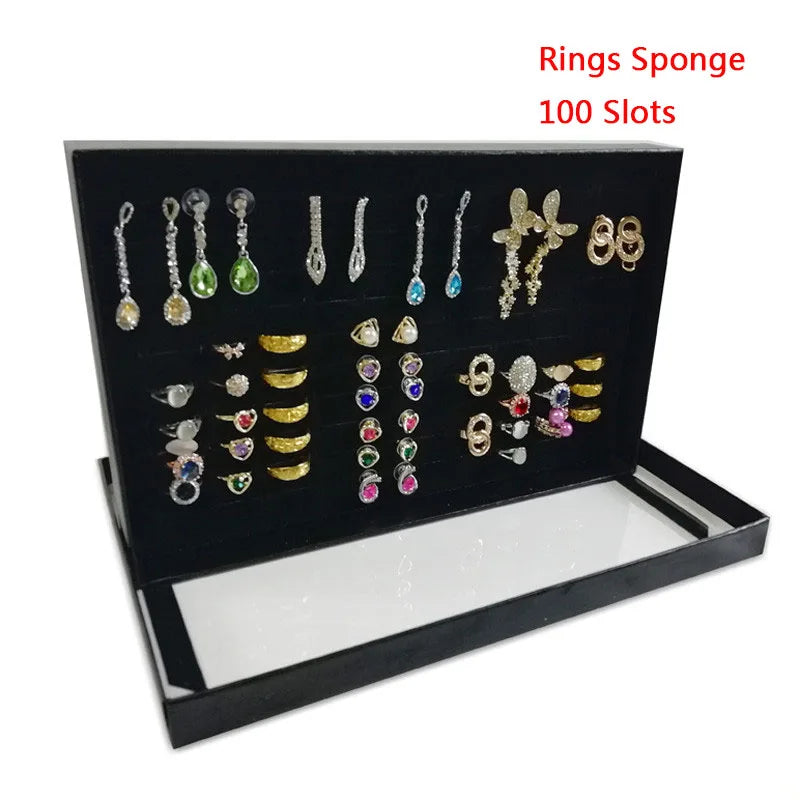 Practical 100 Slot Rings Display Tray Ring Organizer Show Case Jewelry Earrings Holder Storage Box with Transparent Top
