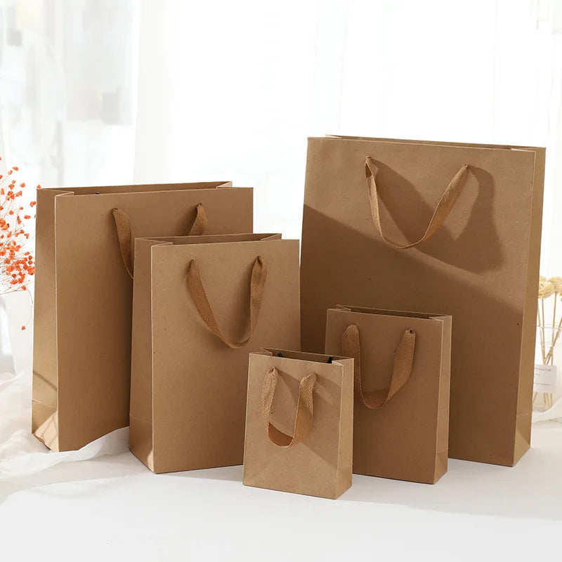 1Pcs Christmas New Year Party Wedding Birthday Packing Bag Khaki Kraft Paper Handles Bag Jewelry Store Festival Gift Bag