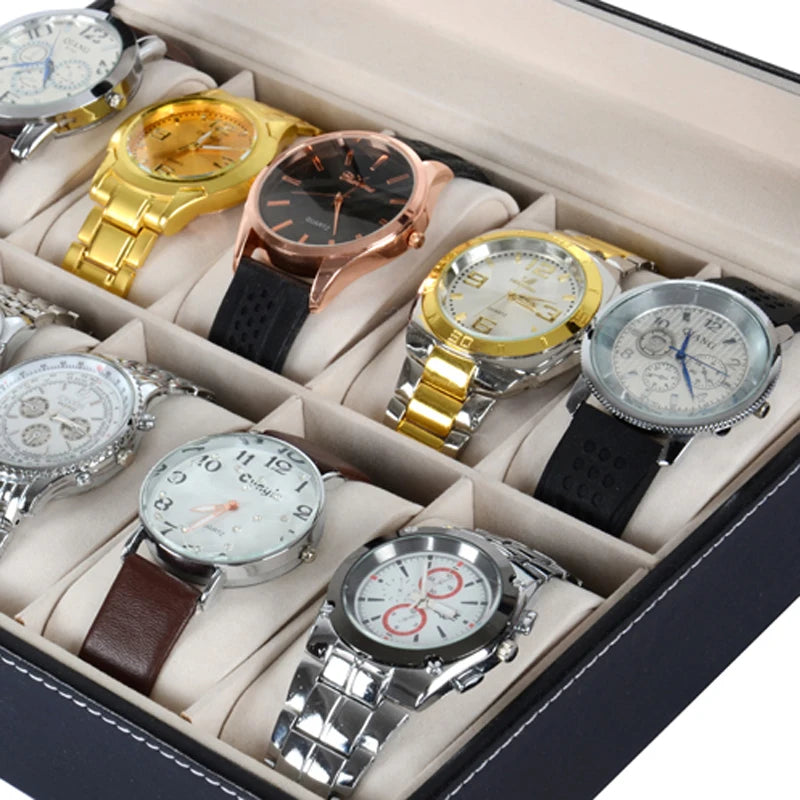 Watch Storage Box Black Leather with Glass Organizer Box for Save 10 Wrist Watches Box Jewelry Display