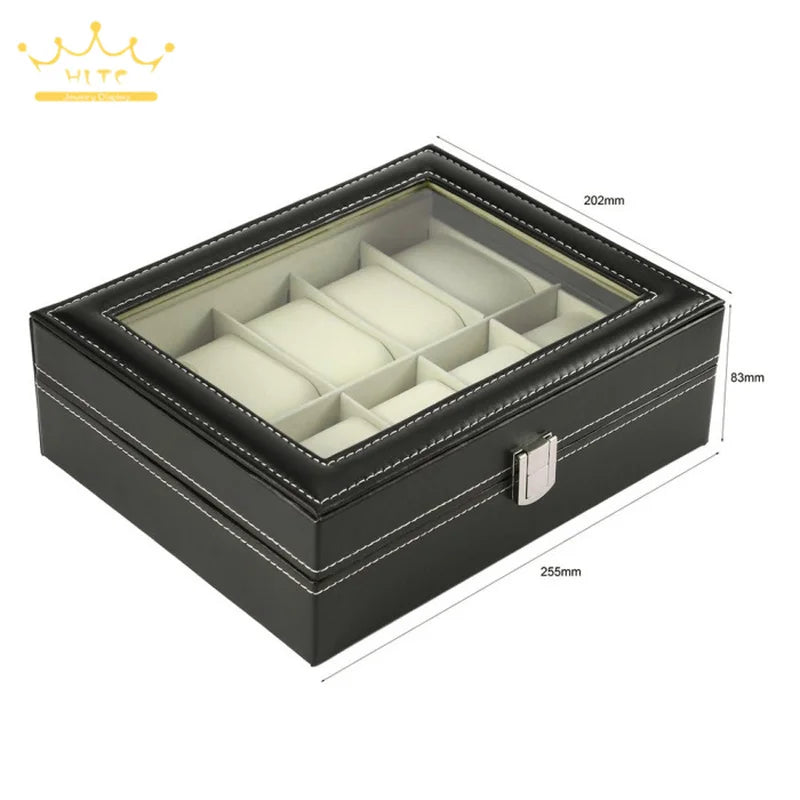 Watch Storage Box Black Leather with Glass Organizer Box for Save 10 Wrist Watches Box Jewelry Display