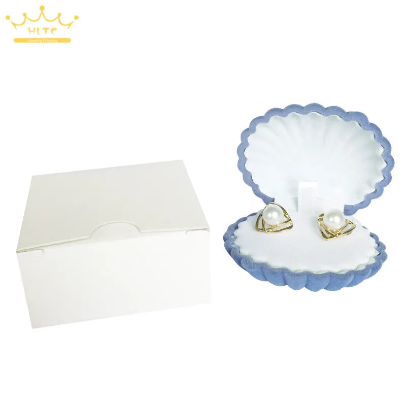 Wholesale 50Pcs/lot Shell Shape Lovely Velvet Wedding Engagement Ring Box for Earrings Necklace Chain Jewelry Display Gift Box