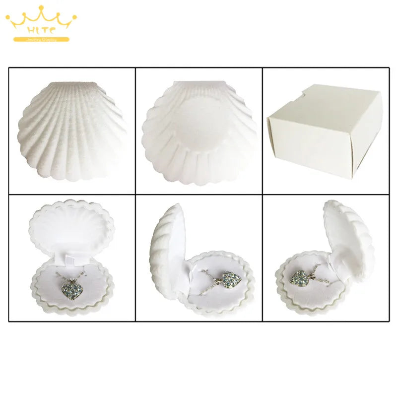 Wholesale 50Pcs/lot Shell Shape Lovely Velvet Wedding Engagement Ring Box for Earrings Necklace Chain Jewelry Display Gift Box